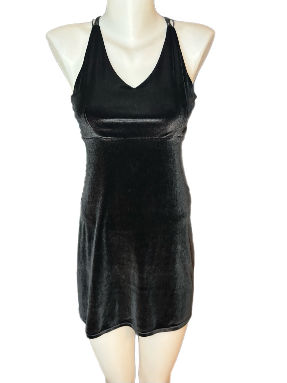 Black Velvet V-Neck Slip Dress with Double-Strap Detail